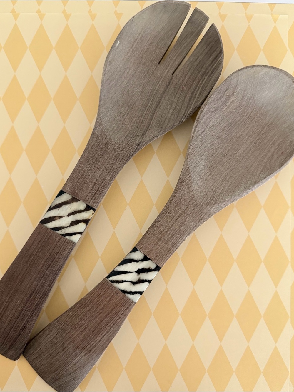 Handmade Olive Wood Salad Serving Set with Black & White Zebra Accent